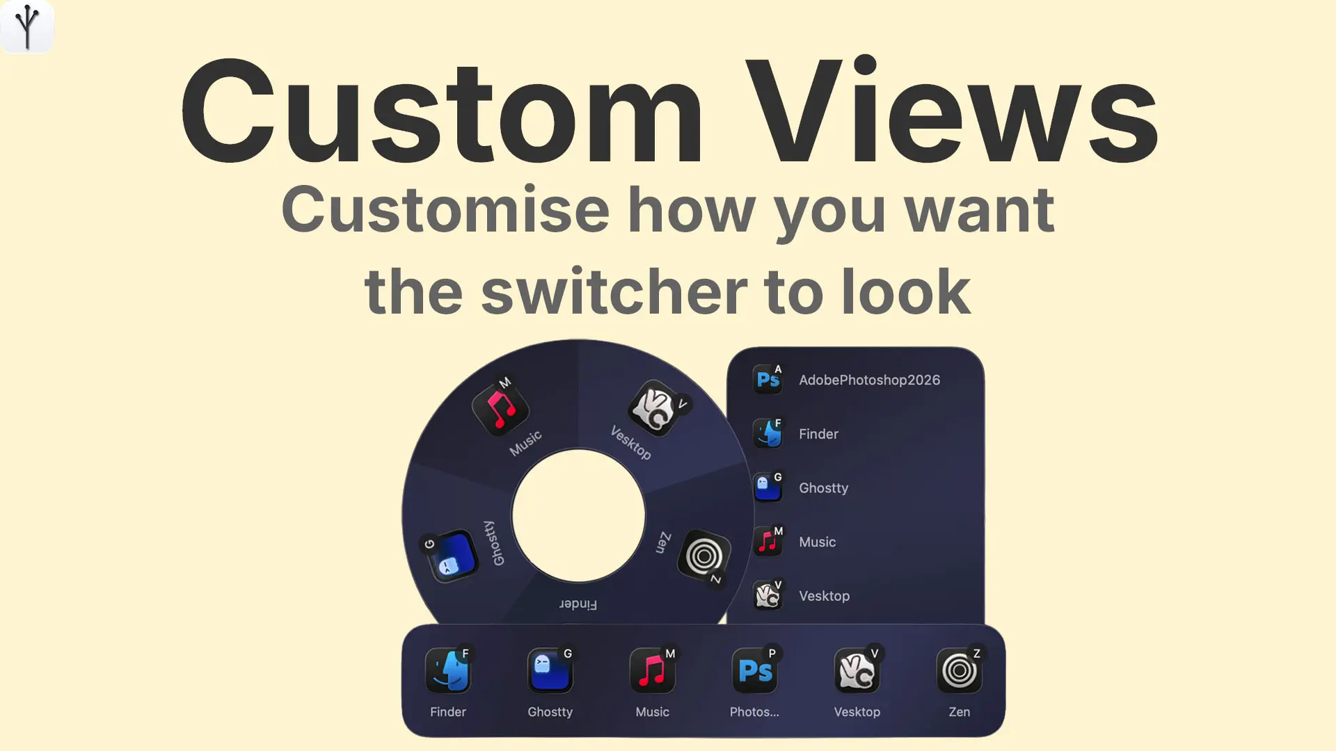List view grid view and radial view of sxitch mac app switcher